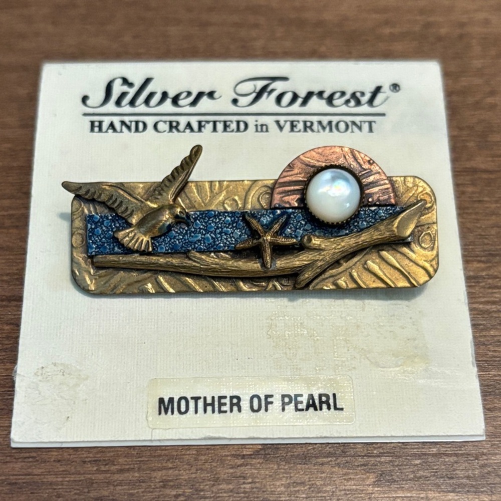 Silver Forest, hand crafted in Vermont,Blue and Gold Brooch with Mother of Pearl